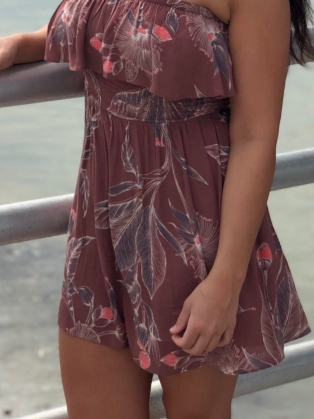 Floral Off-Shoulder Smocked Waist Sundress - Mauve with Coral Accents, Small